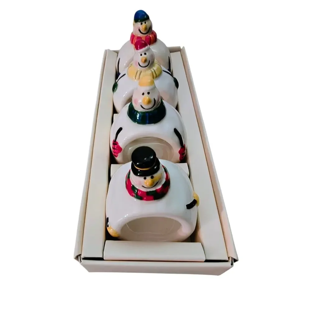 Set of 4 Williams Sonoma Snowman Ceramic Napkin Rings Holiday Christmas